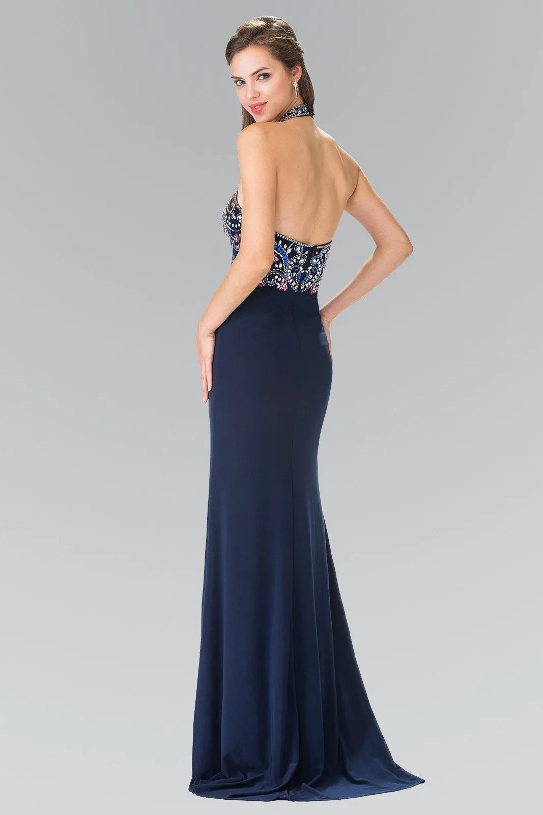 Long Multi-Color Beaded Illusion Halter Dress by Elizabeth K GL2279