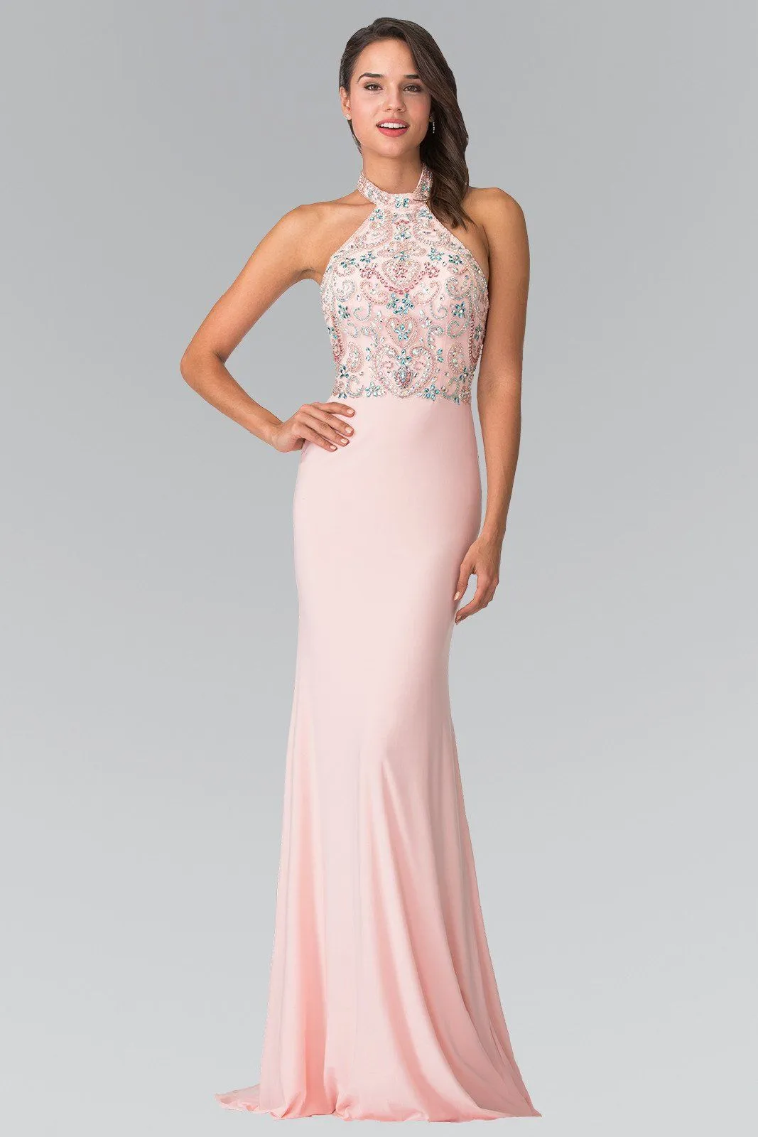 Long Multi-Color Beaded Illusion Halter Dress by Elizabeth K GL2279