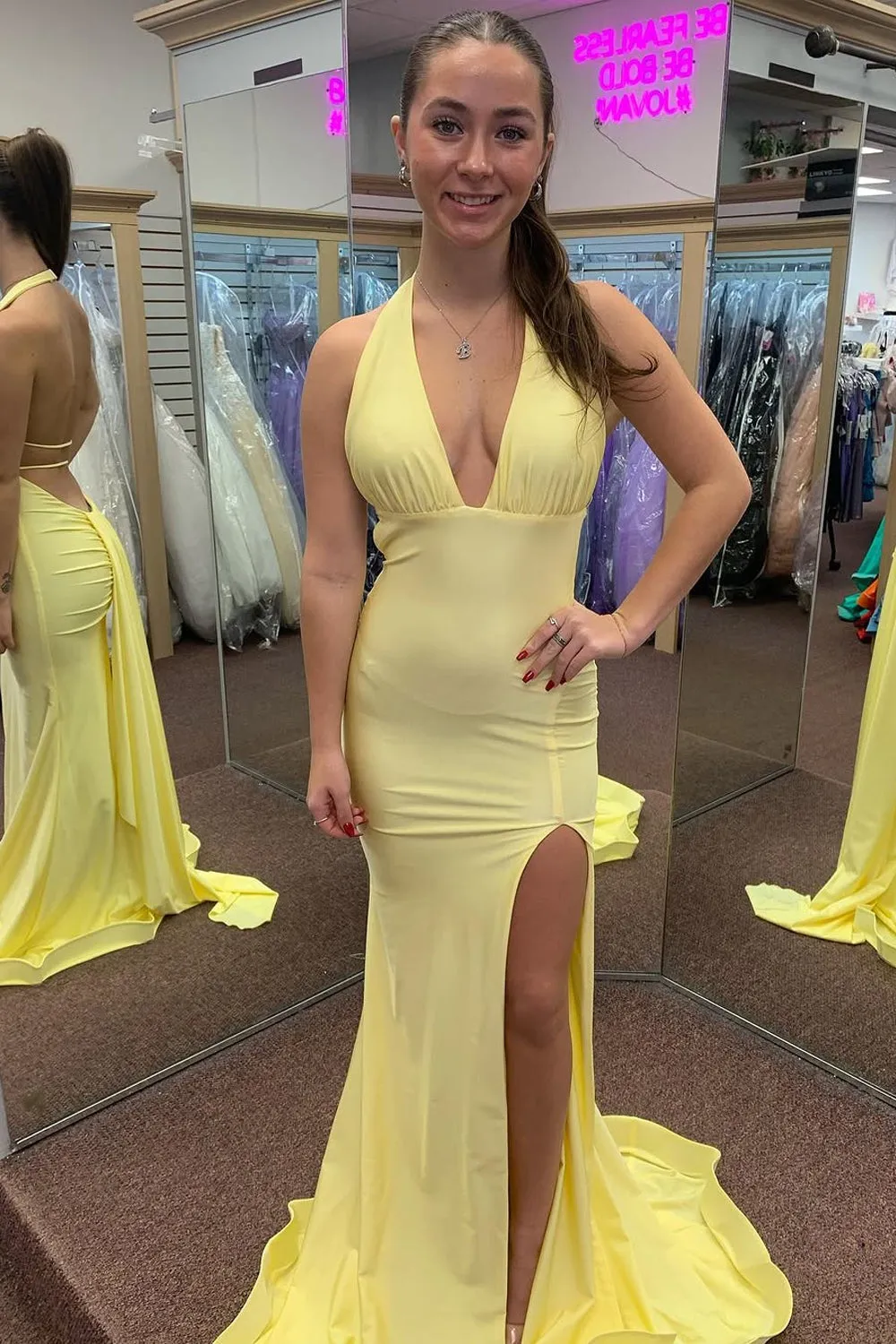 Mermaid Halter Yellow Slit Satin Prom Dresses Evening Dresses