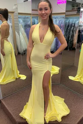 Mermaid Halter Yellow Slit Satin Prom Dresses Evening Dresses