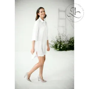 Midi 100% Silk Shirt Dress, White Mulberry Silk Dress