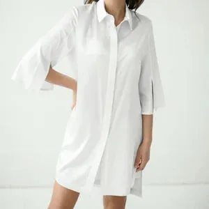 Midi 100% Silk Shirt Dress, White Mulberry Silk Dress