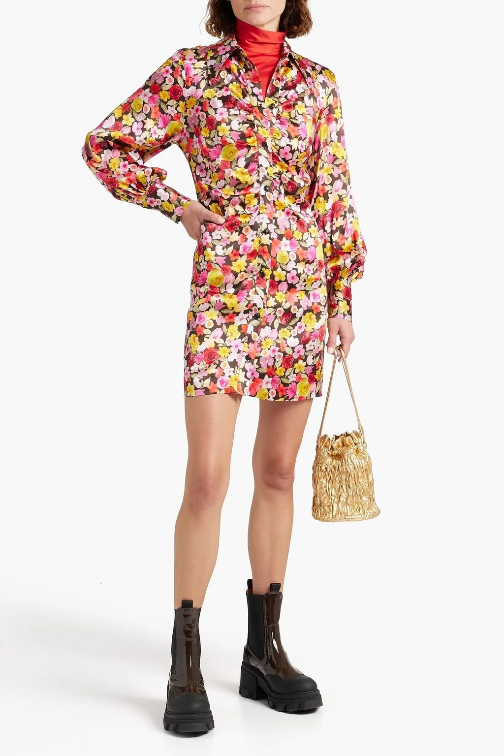 Mini shirt dress in silk satin with ruffles and floral print GANNI red