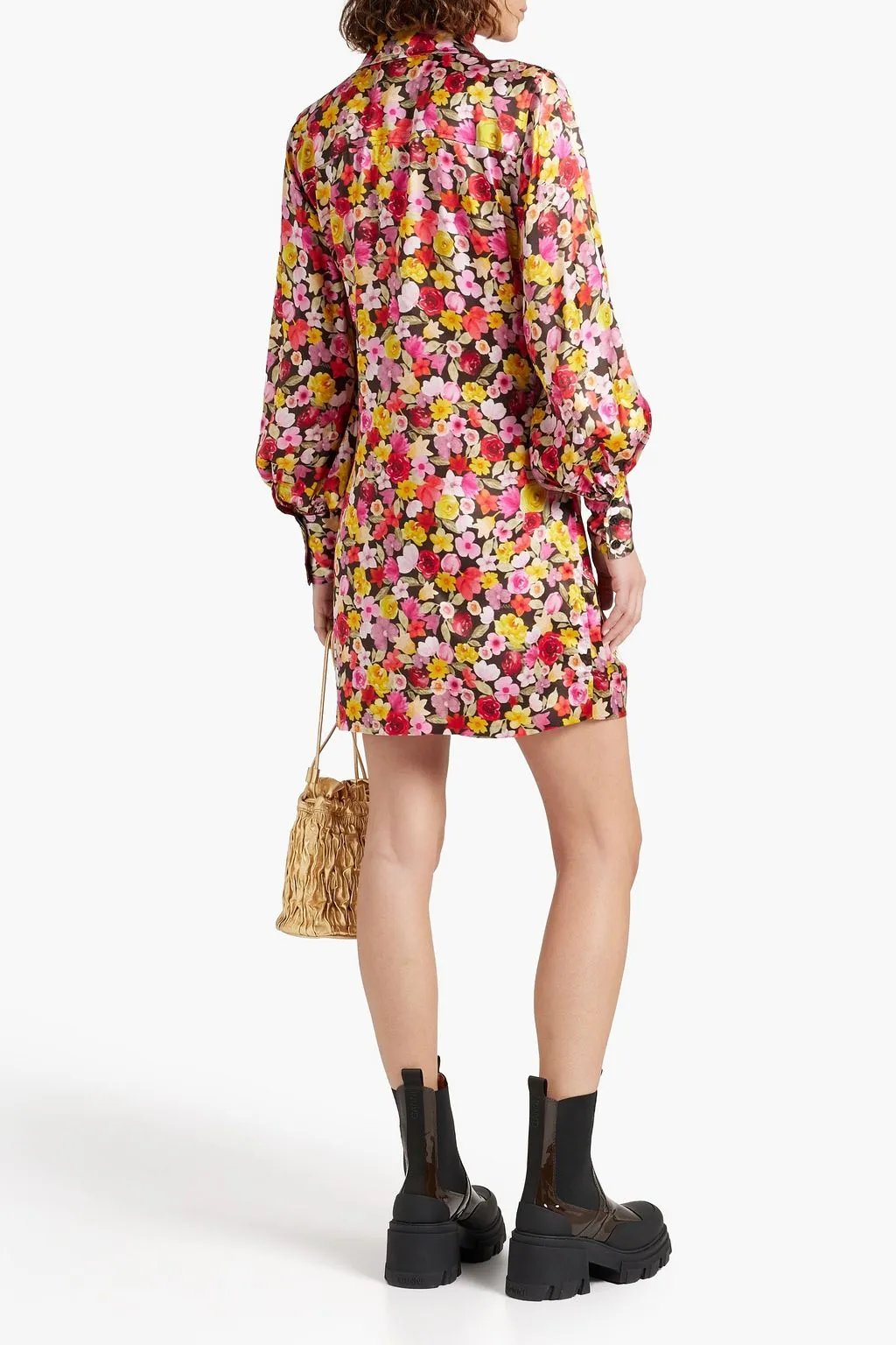 Mini shirt dress in silk satin with ruffles and floral print GANNI red