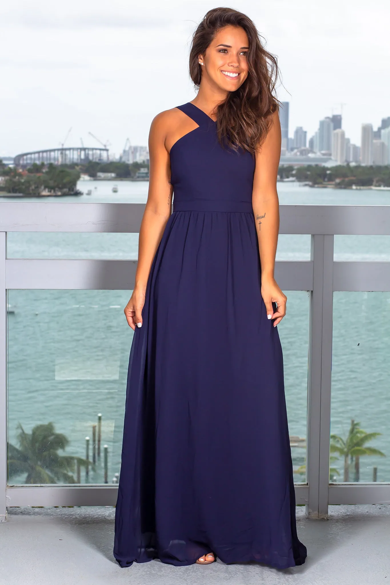 Navy Halter Neck Maxi Dress with Open Back