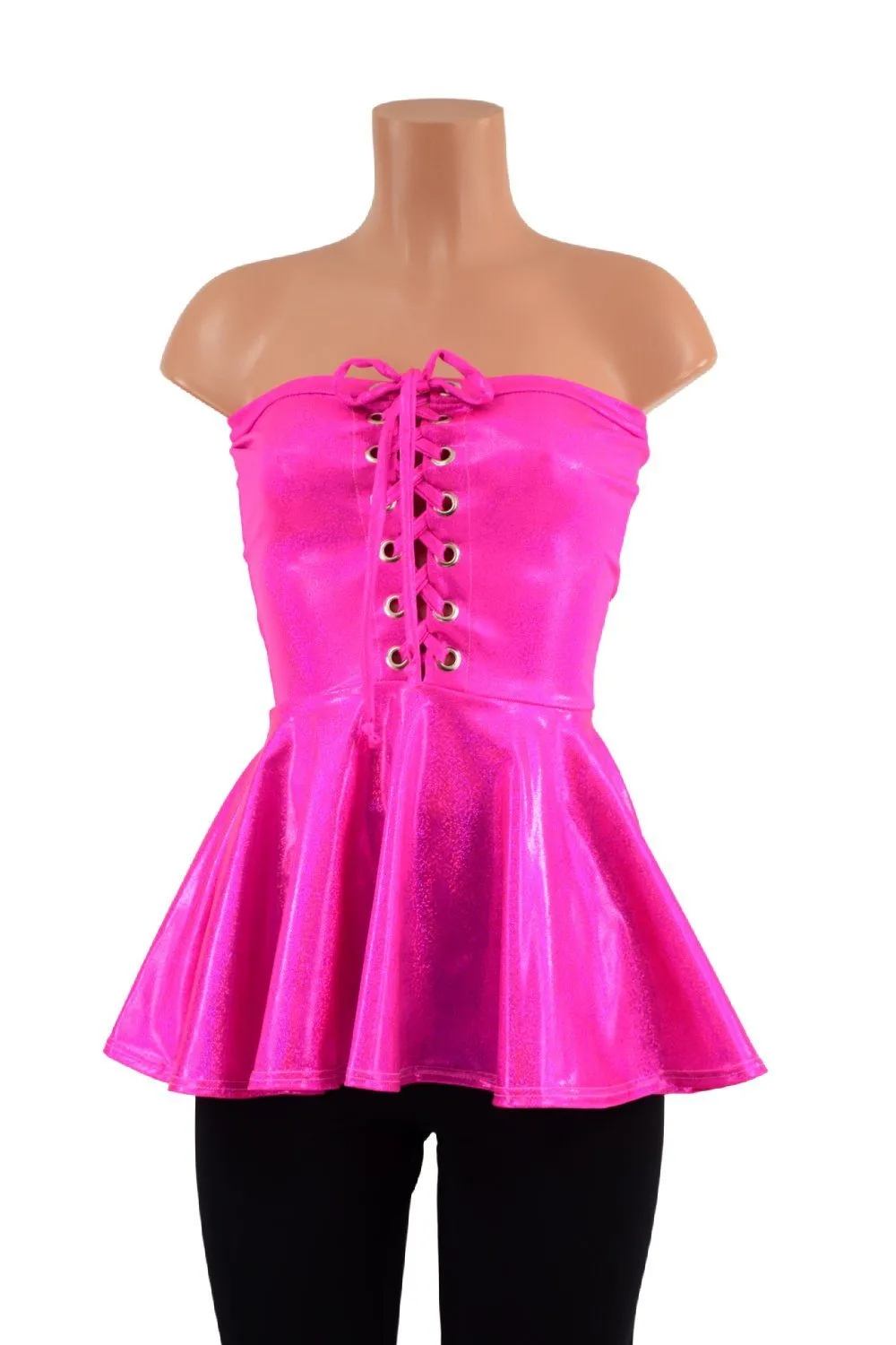 Neon Pink Sparkly Jewel Laceup Peplum Top