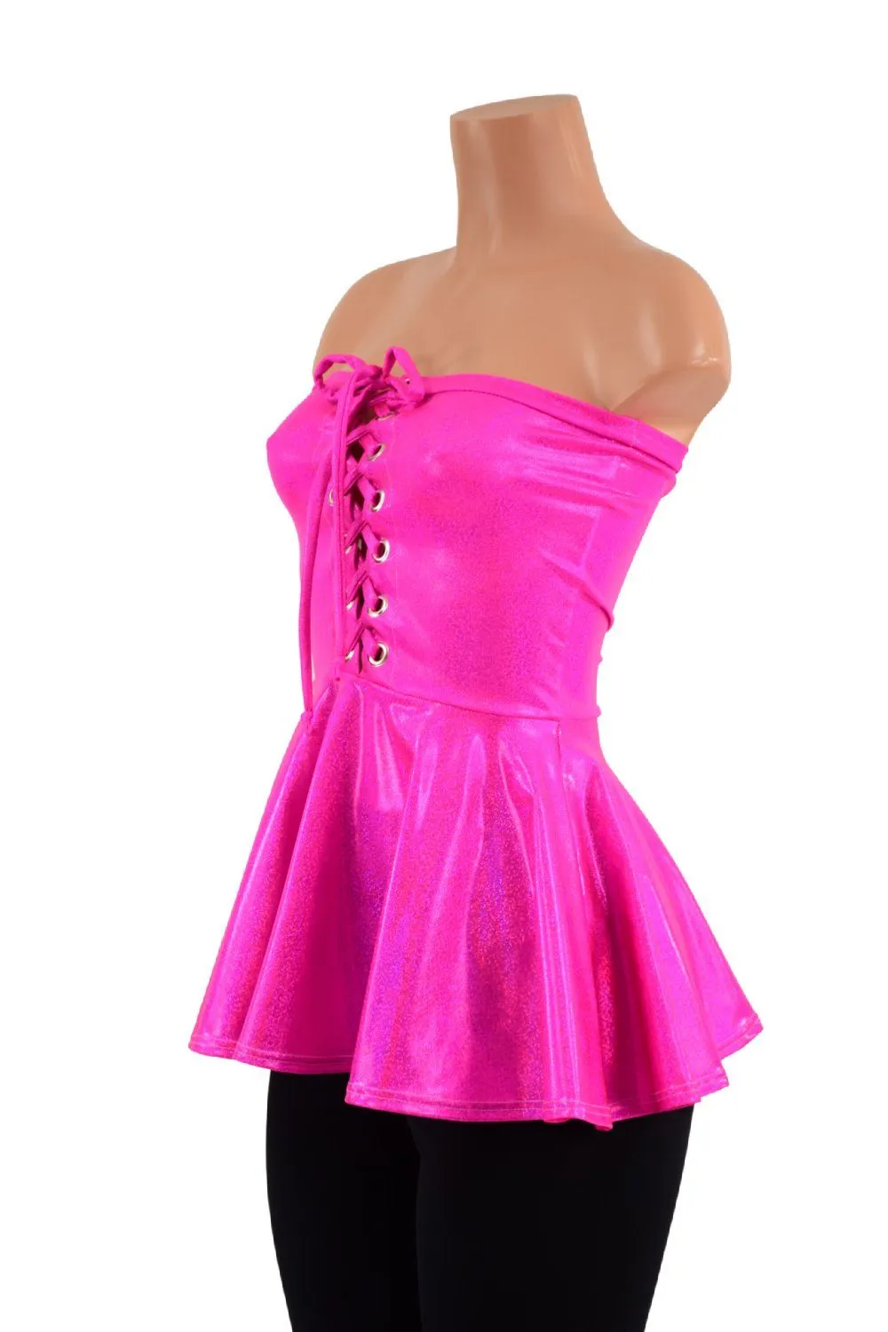 Neon Pink Sparkly Jewel Laceup Peplum Top