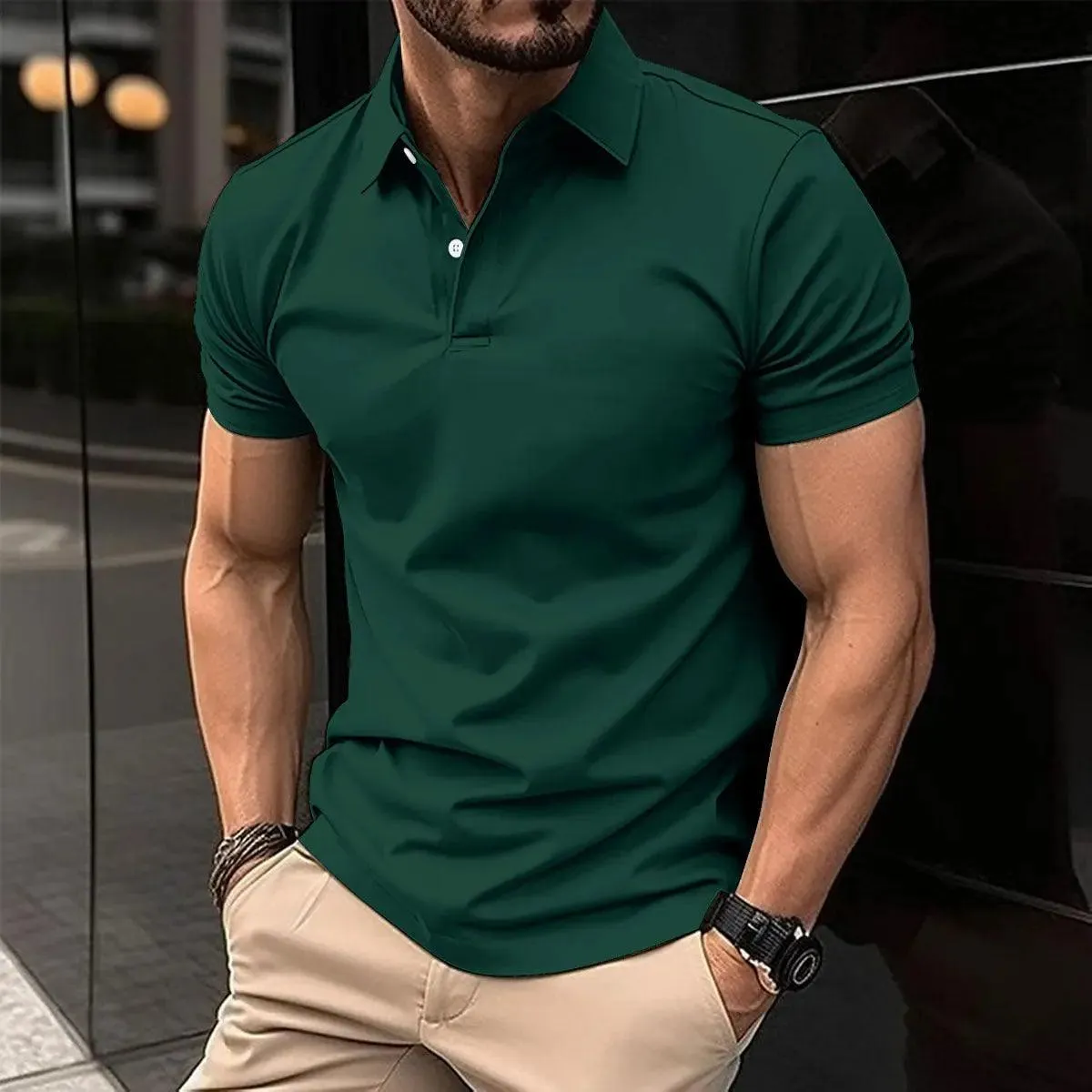 Polo T-shirts for Men Solid Color Button Lapel Button Top, short sleeved