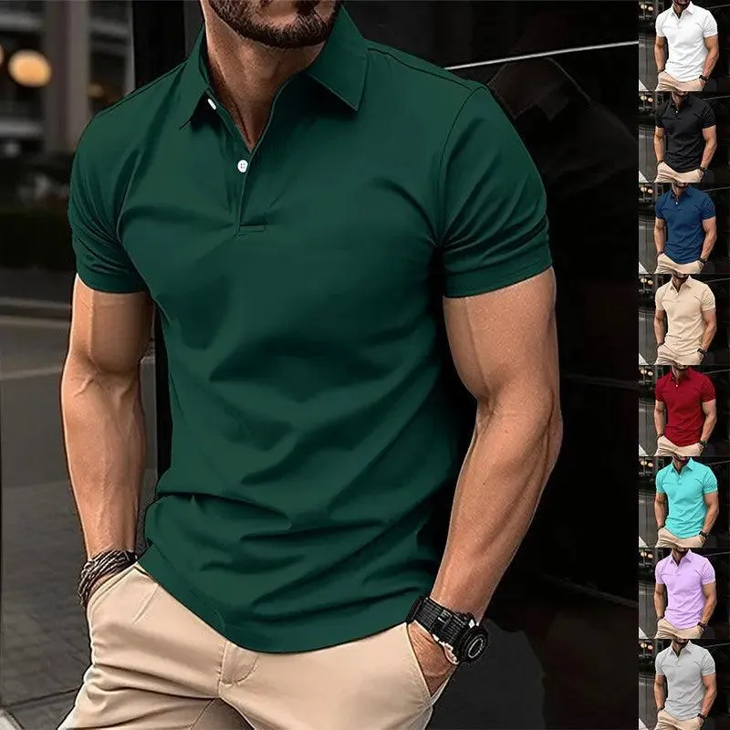 Polo T-shirts for Men Solid Color Button Lapel Button Top, short sleeved