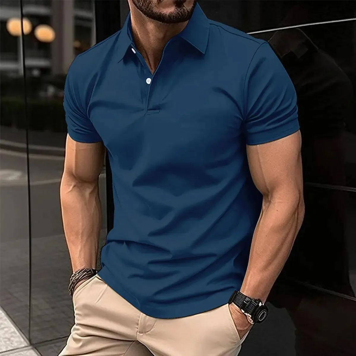 Polo T-shirts for Men Solid Color Button Lapel Button Top, short sleeved