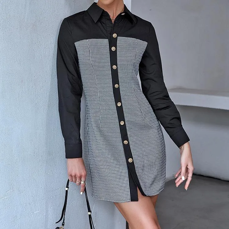 Print plaid stitching shirt dress