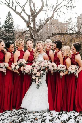 Red A-line Sequins Halter Long Bridesmaid Dresses with Appliques, BD095