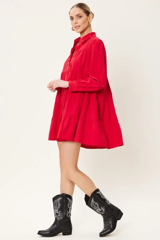 Red Button Down Tiered Shirt Mini Dress