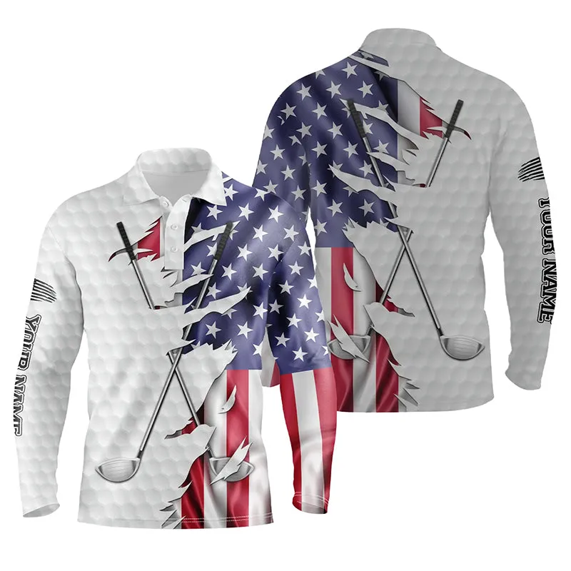 Red, White, And Blue American Flag Men Golf Long Sleeve Polo Shirts Custom Patriotic Golf Performance Shirts