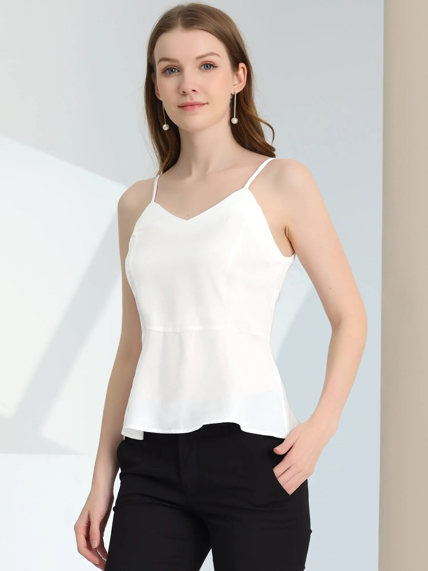 Satin Camisole V Neck Spaghetti Strap Peplum Blouse Tank Tops