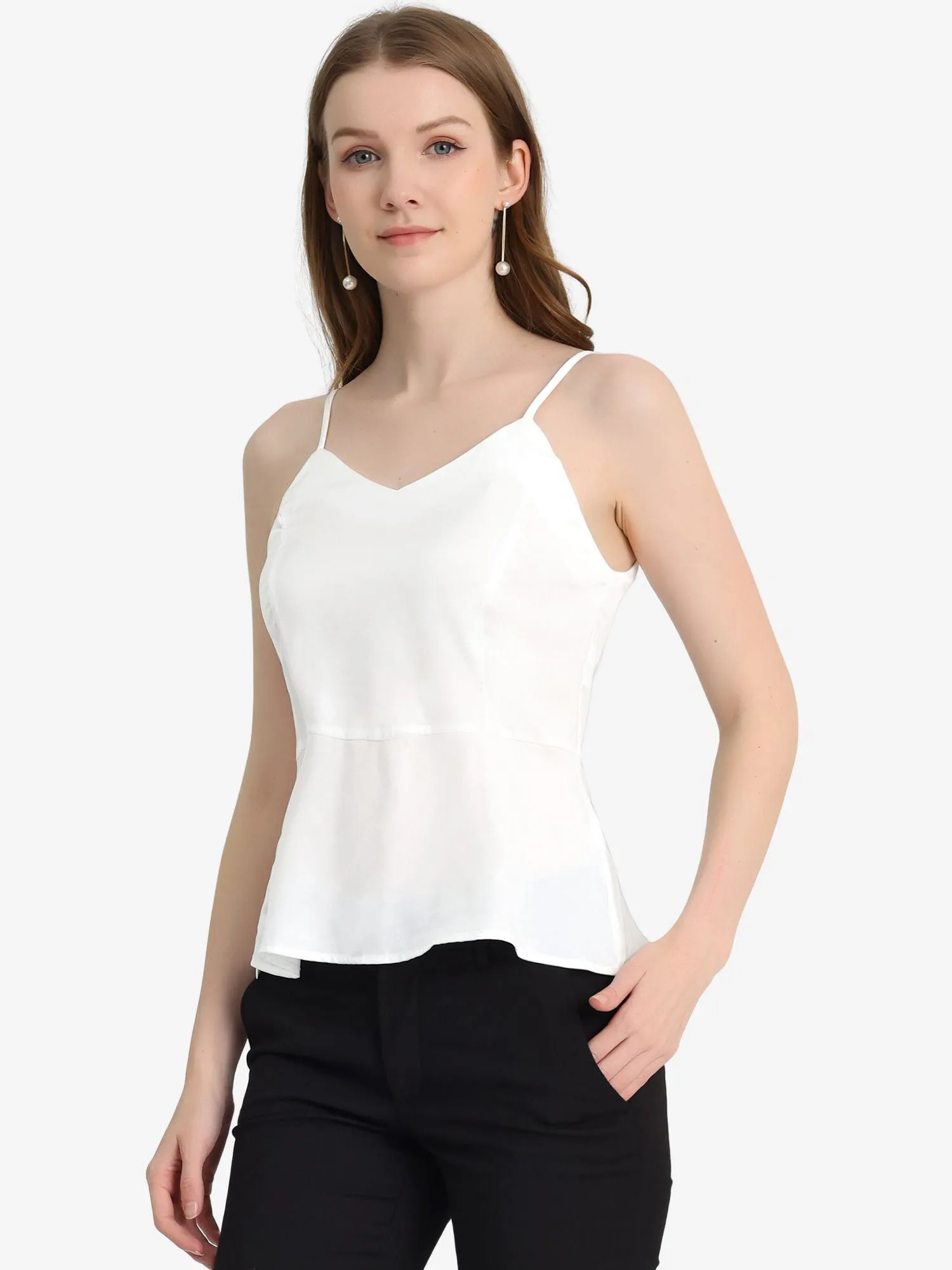 Satin Camisole V Neck Spaghetti Strap Peplum Blouse Tank Tops