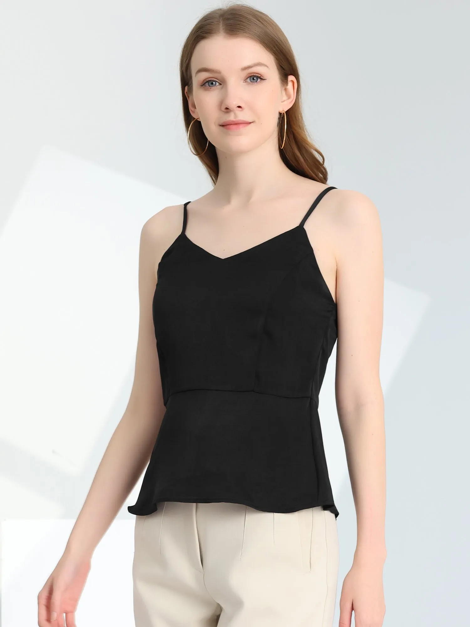 Satin Camisole V Neck Spaghetti Strap Peplum Blouse Tank Tops