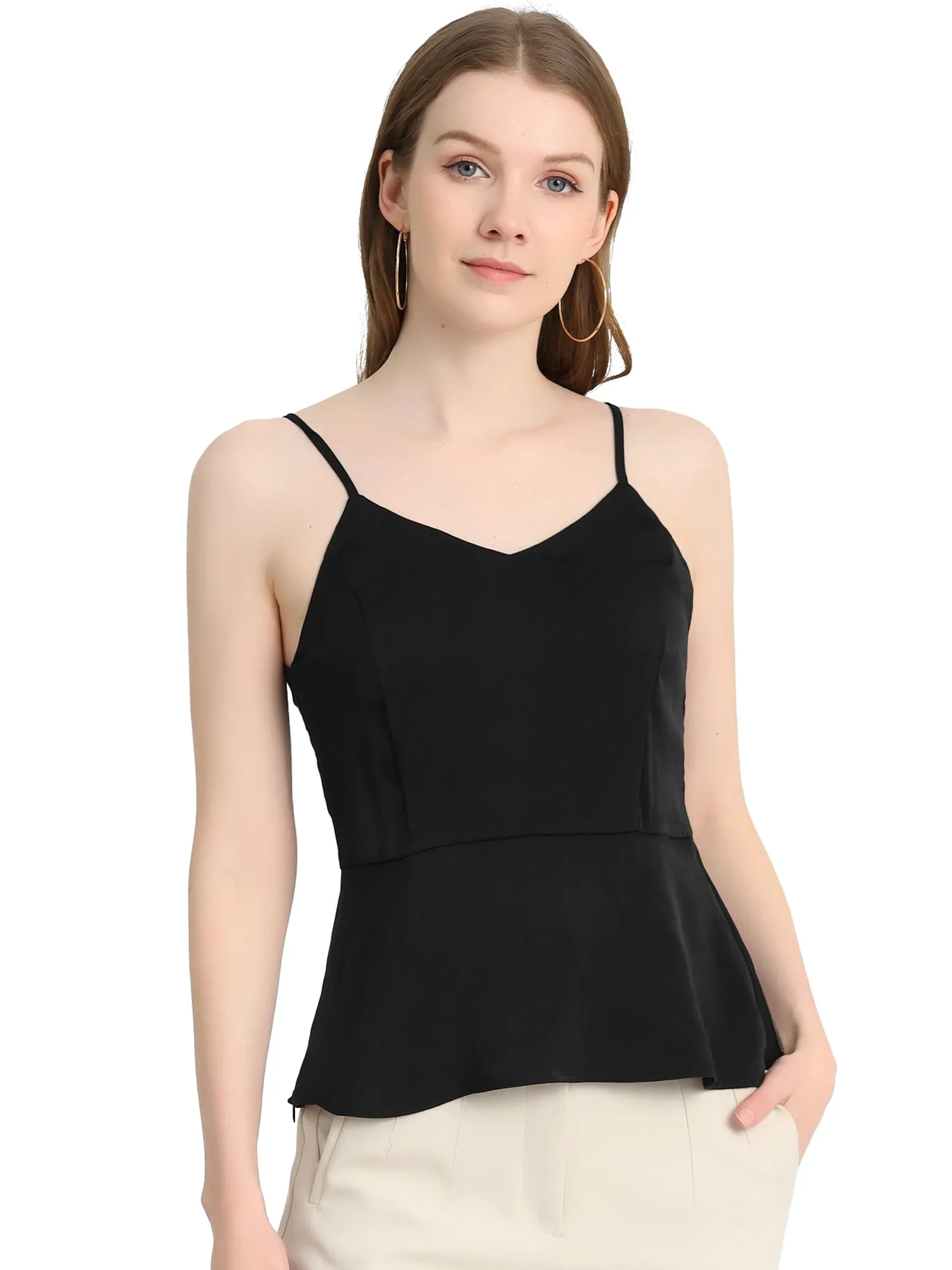 Satin Camisole V Neck Spaghetti Strap Peplum Blouse Tank Tops