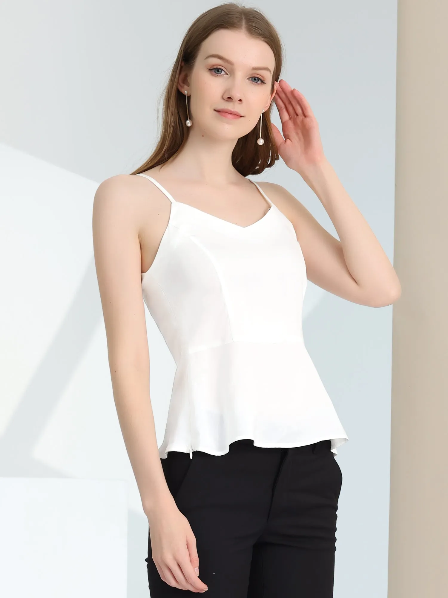 Satin Camisole V Neck Spaghetti Strap Peplum Blouse Tank Tops