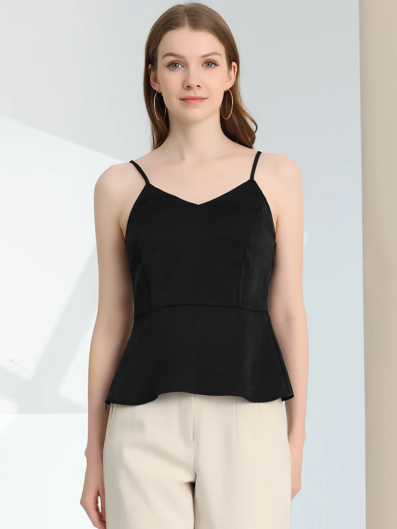 Satin Camisole V Neck Spaghetti Strap Peplum Blouse Tank Tops