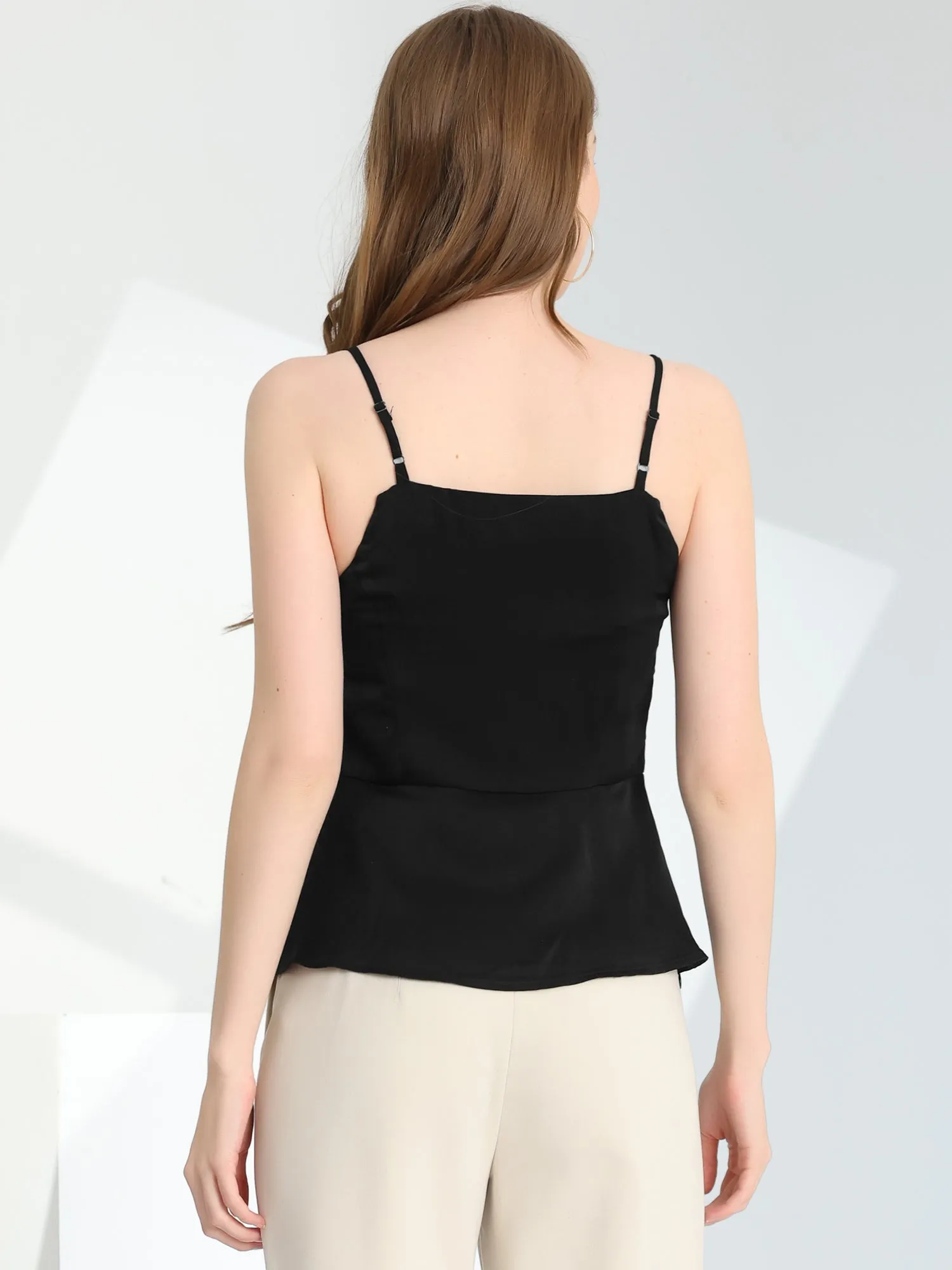 Satin Camisole V Neck Spaghetti Strap Peplum Blouse Tank Tops