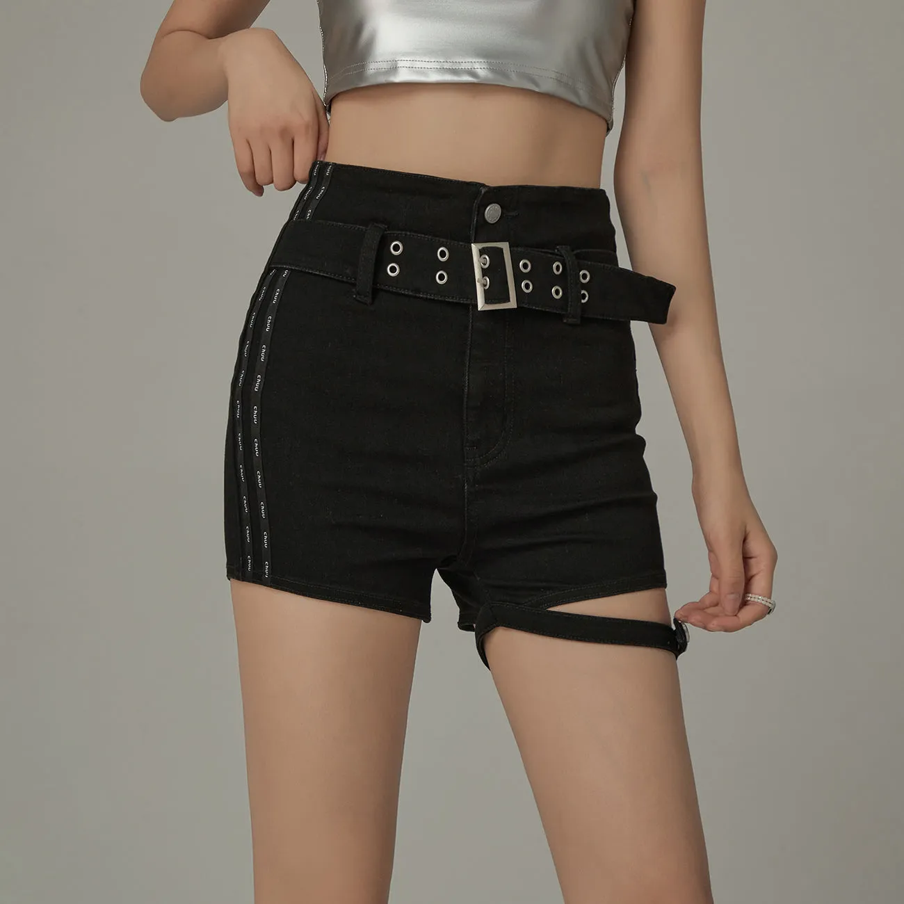 Slim Belted Leg Slit Denim Shorts