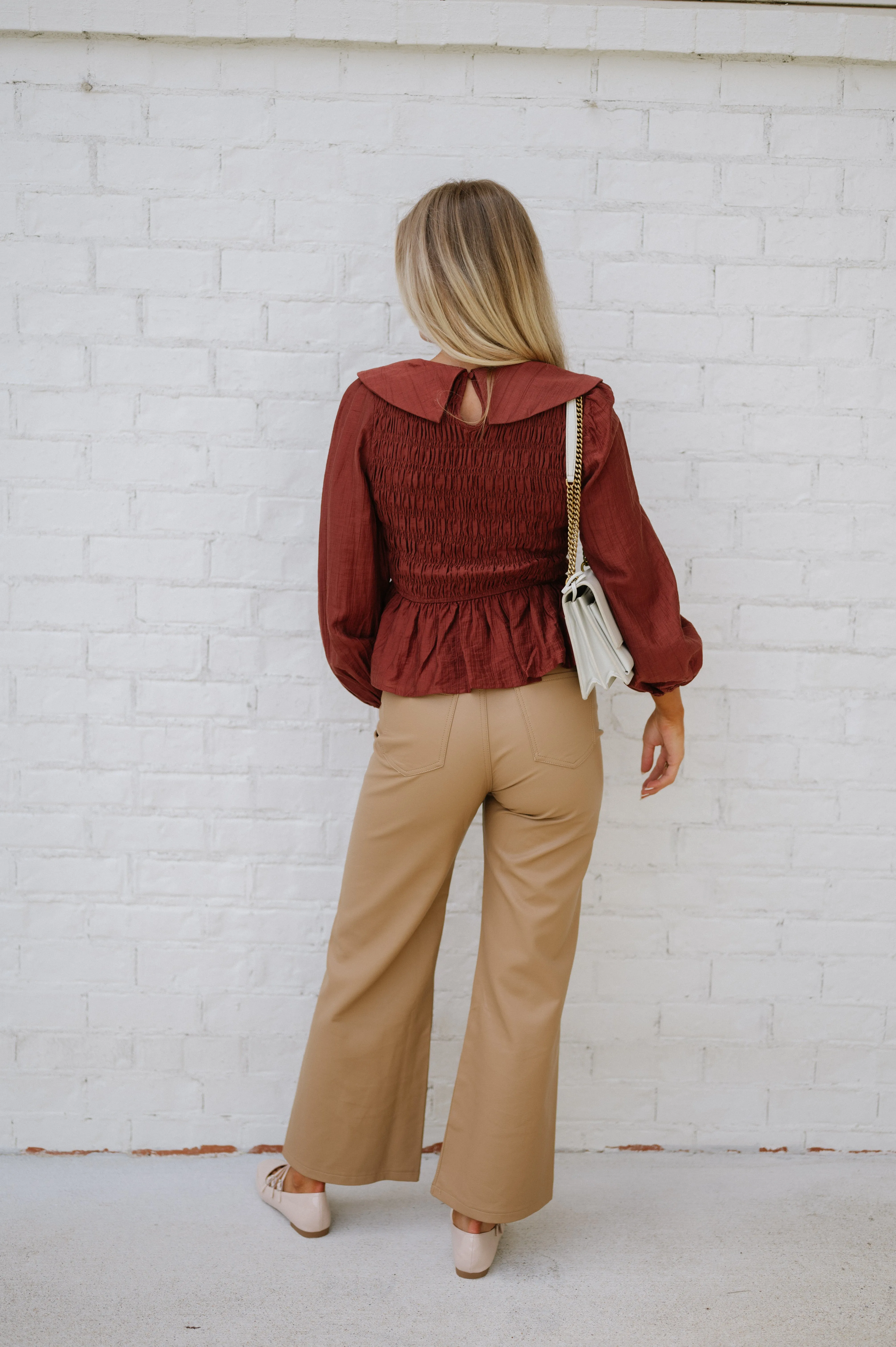 Smocked Peplum Blouse- Brick