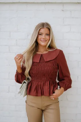 Smocked Peplum Blouse- Brick