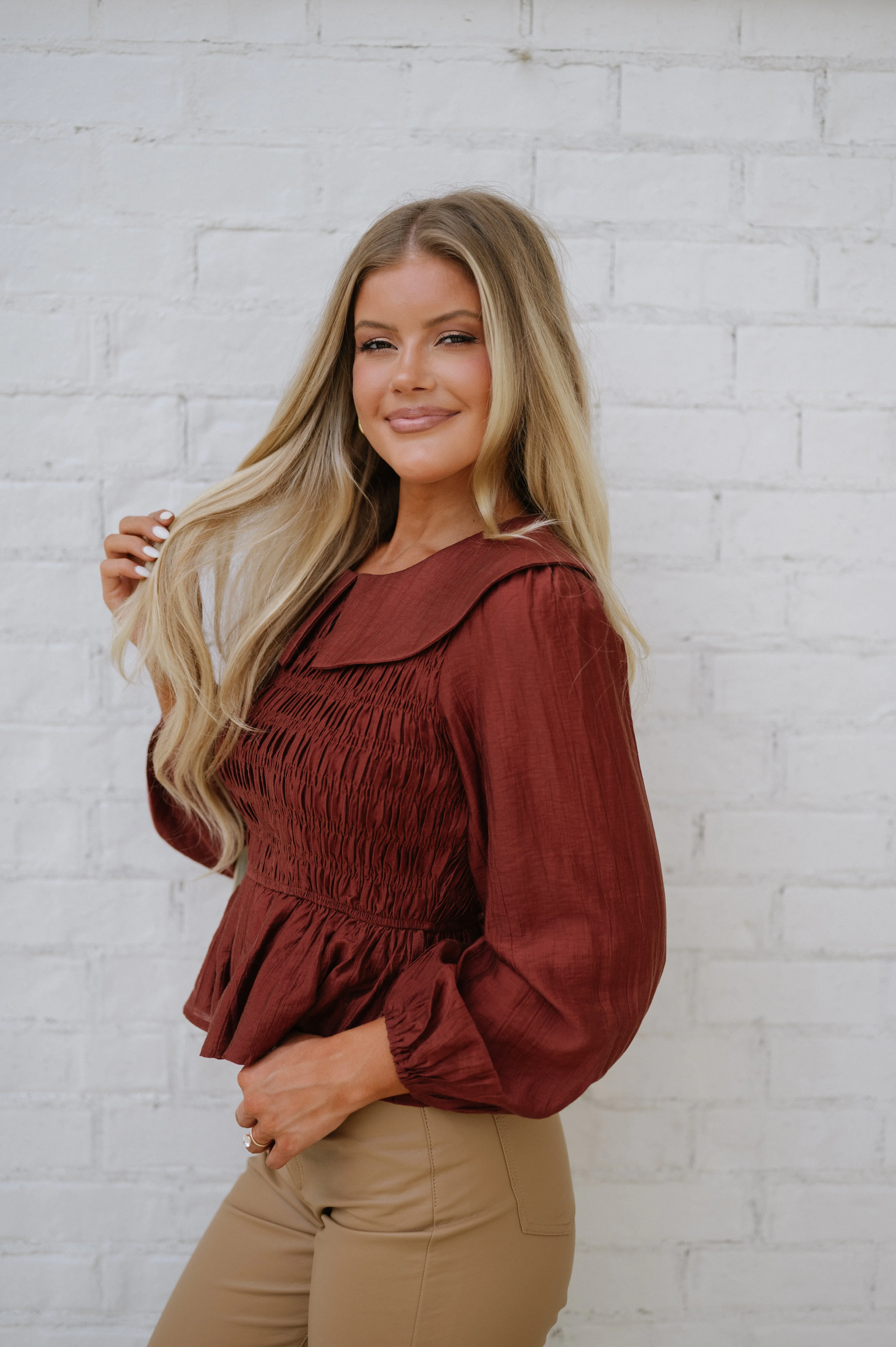 Smocked Peplum Blouse- Brick