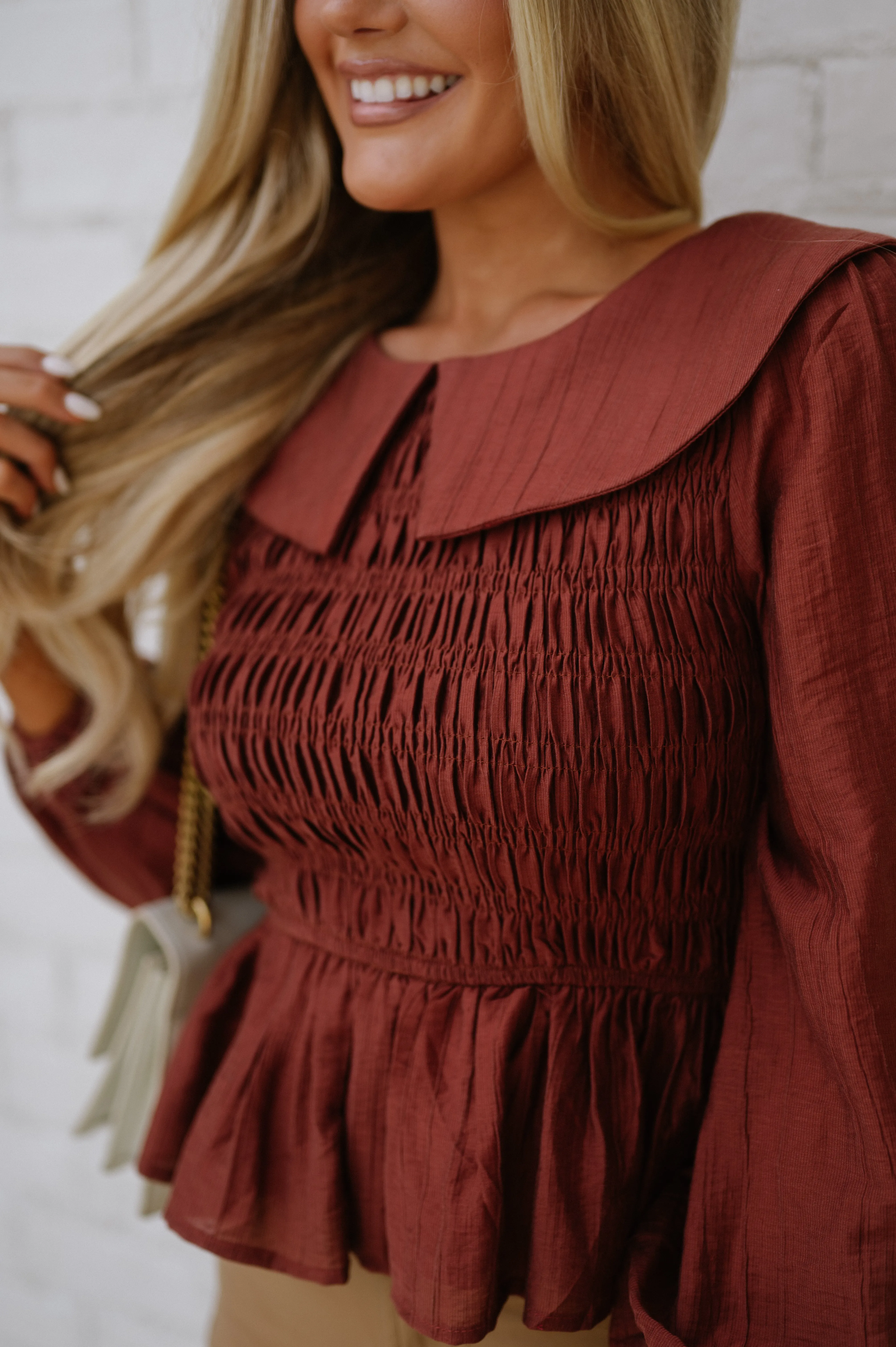 Smocked Peplum Blouse- Brick