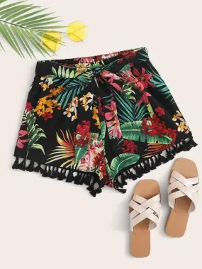 Tassel Hem Belted Tropical Shorts