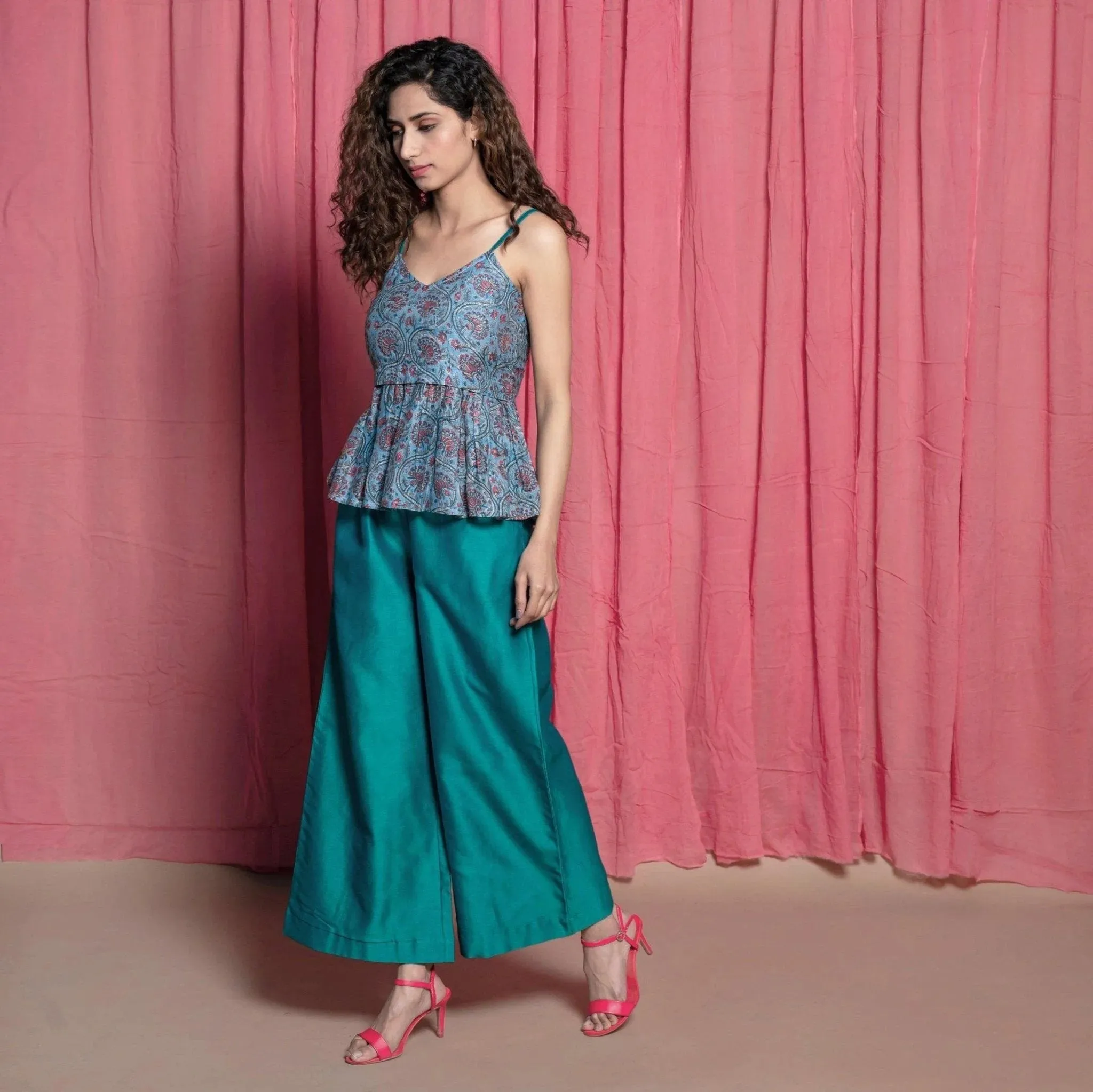 Teal Chanderi Cotton Block Print Peplum Top