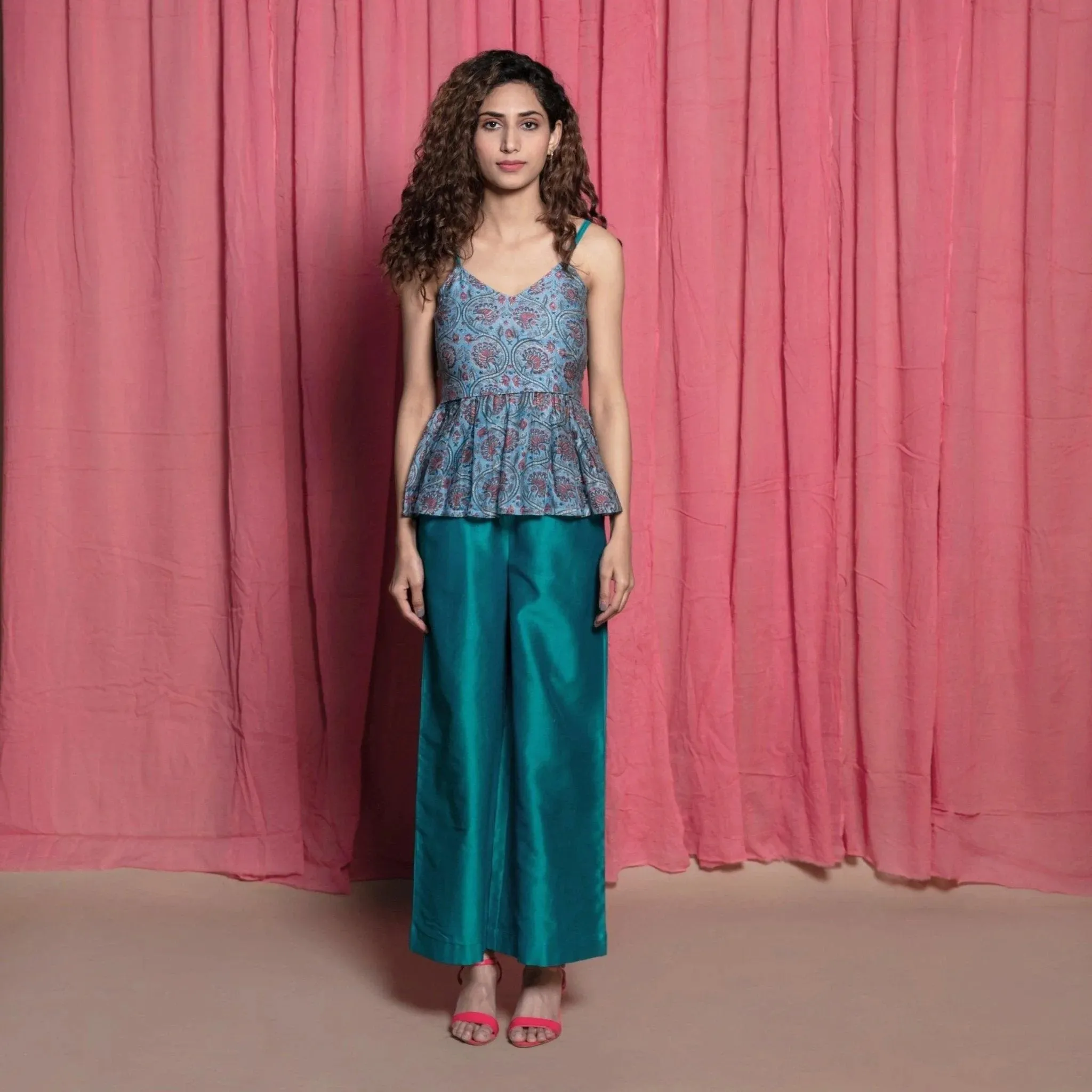 Teal Chanderi Cotton Block Print Peplum Top