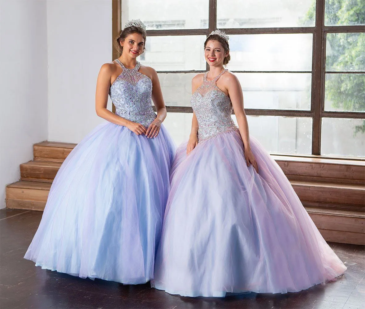 Two-Tone Beaded Halter Quinceanera Dress by Calla KY79398