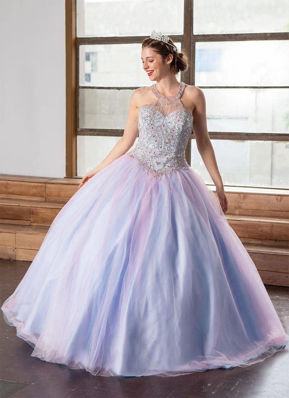 Two-Tone Beaded Halter Quinceanera Dress by Calla KY79398