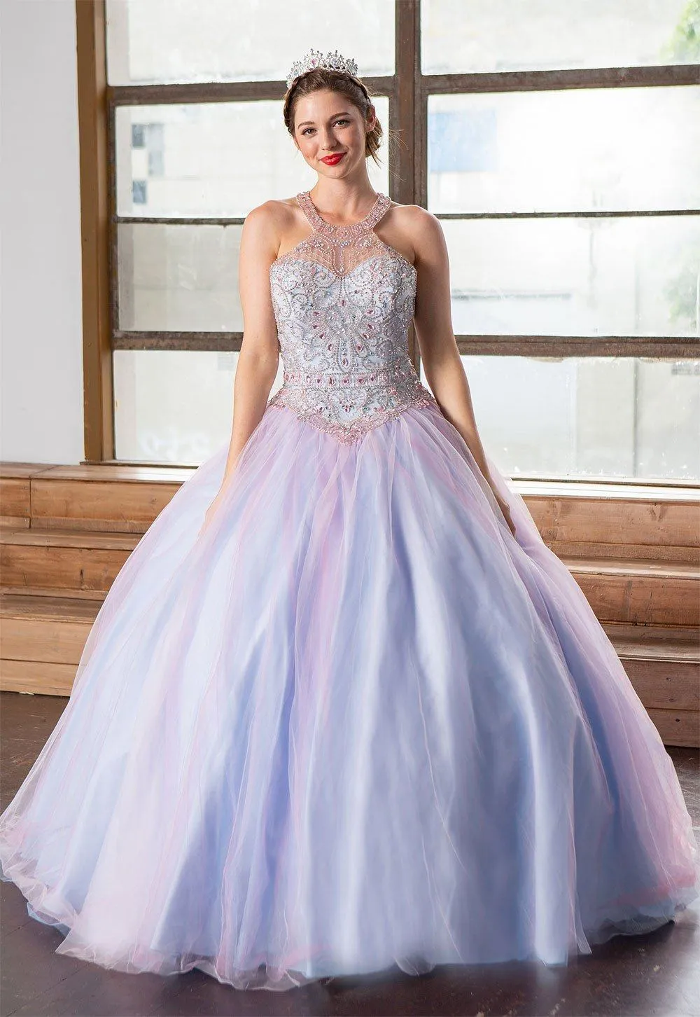 Two-Tone Beaded Halter Quinceanera Dress by Calla KY79398