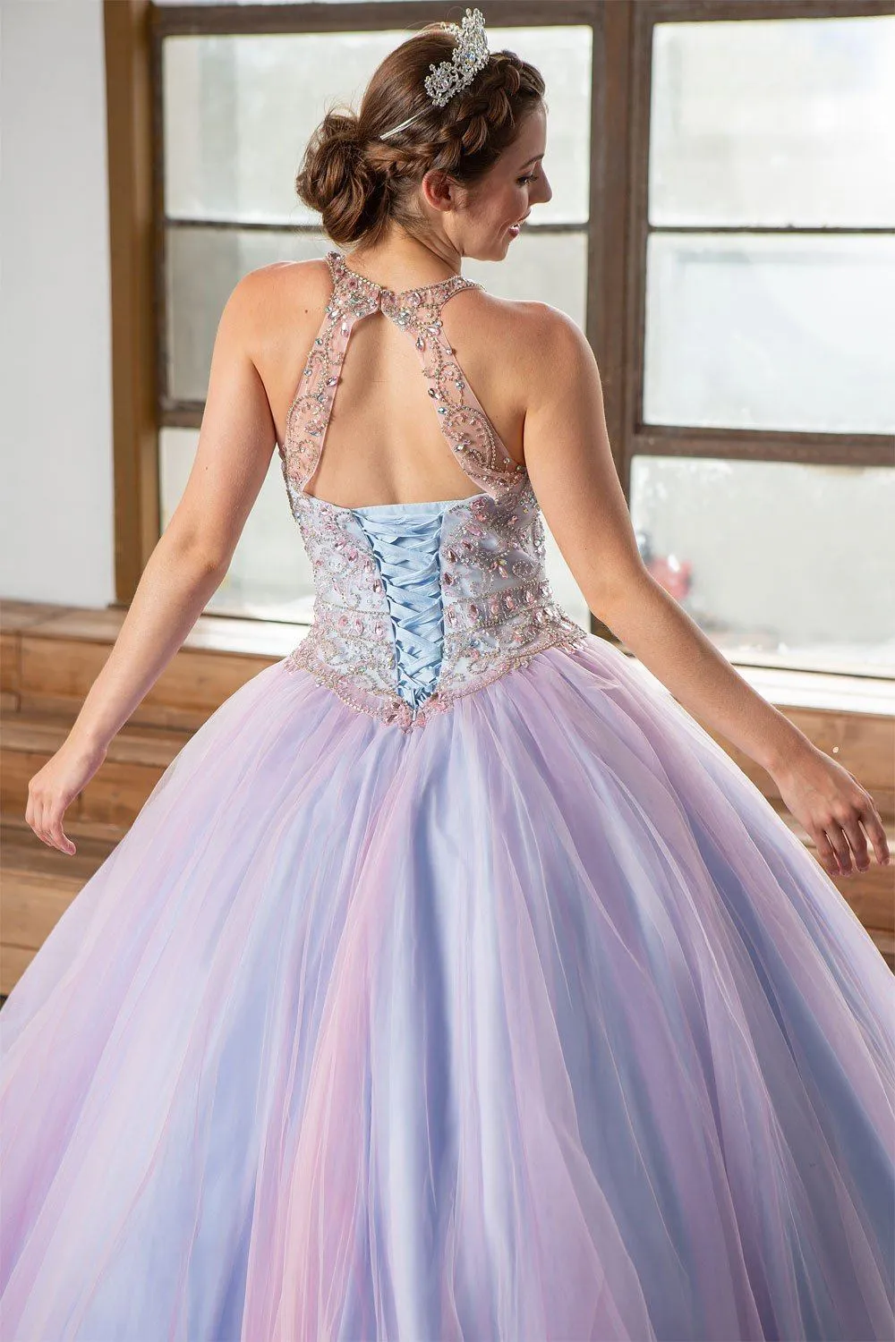 Two-Tone Beaded Halter Quinceanera Dress by Calla KY79398