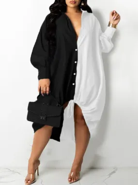 Uniwim  Plus Size dresses Drawstring Patchwork Shirt Dress Fashion Drop Shoulder Long Sleeve Shirt Collar Women Streetwears vestido