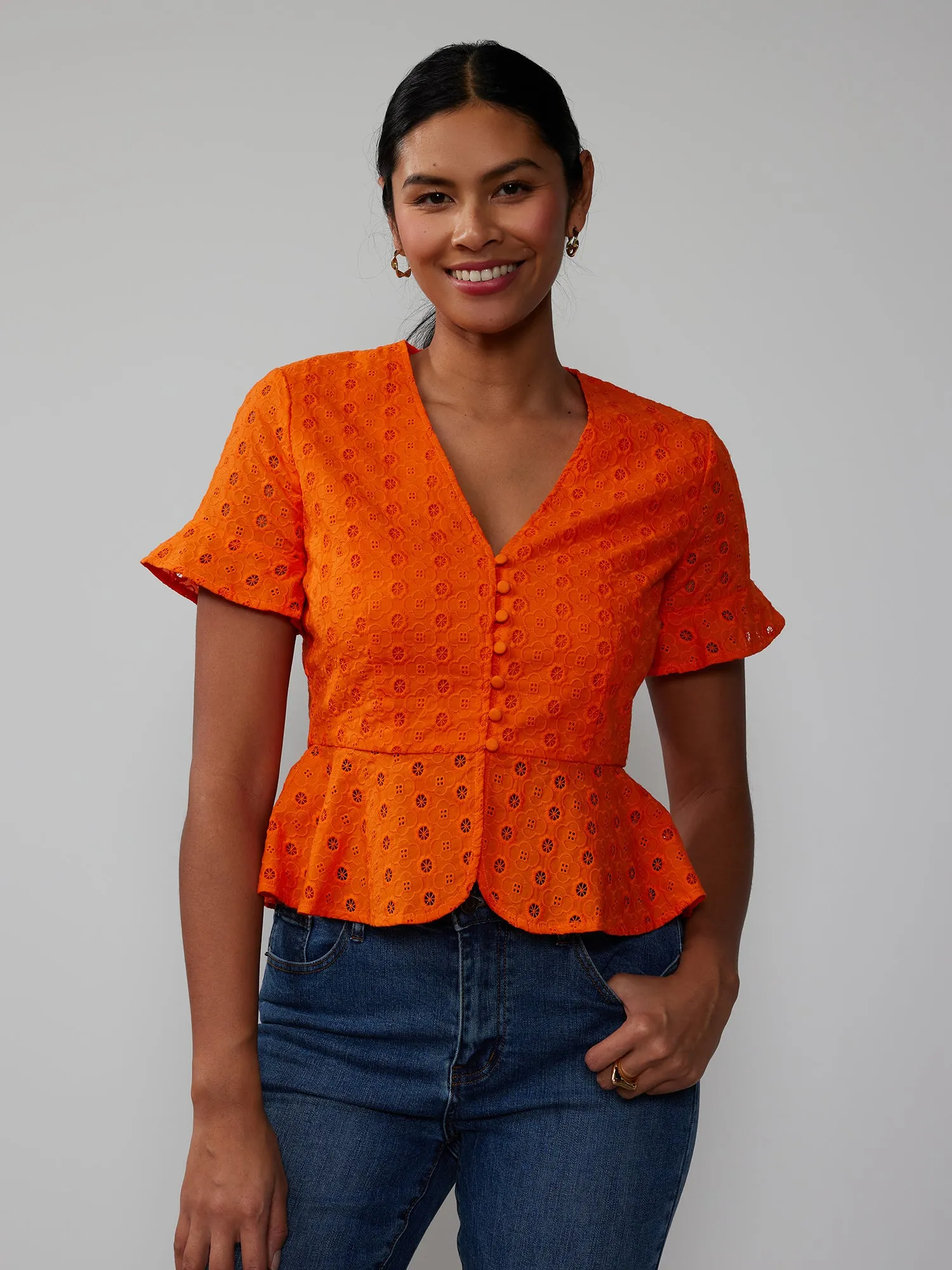 V-Neck Eyelet Button Front Peplum Top