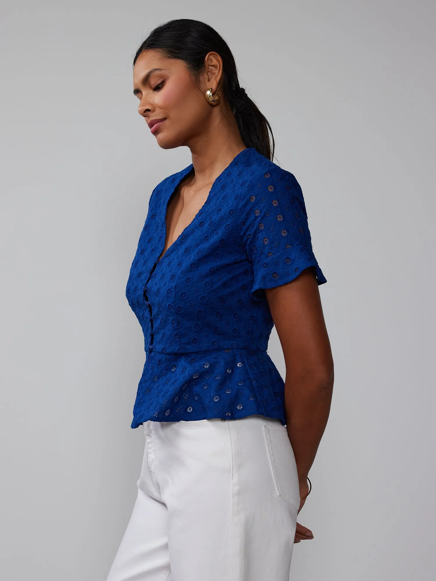 V-Neck Eyelet Button Front Peplum Top