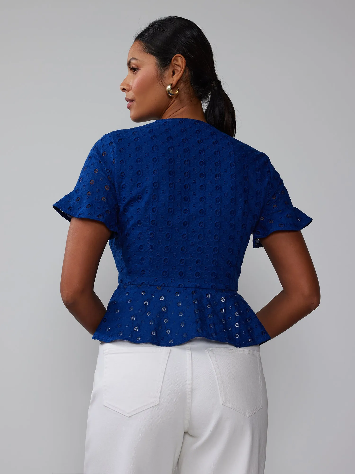 V-Neck Eyelet Button Front Peplum Top