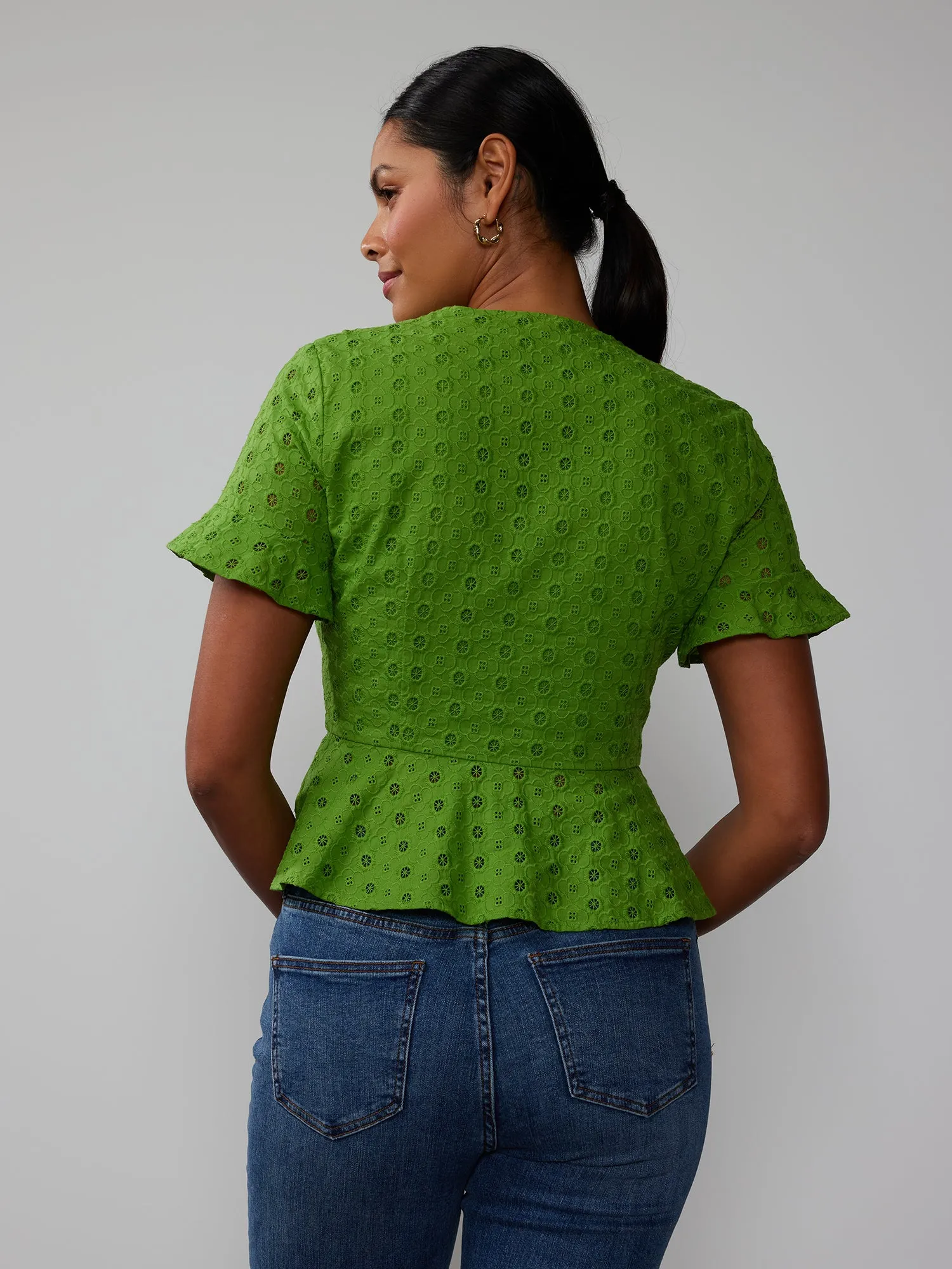 V-Neck Eyelet Button Front Peplum Top