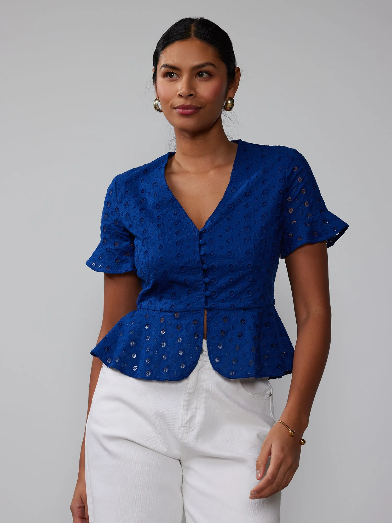 V-Neck Eyelet Button Front Peplum Top