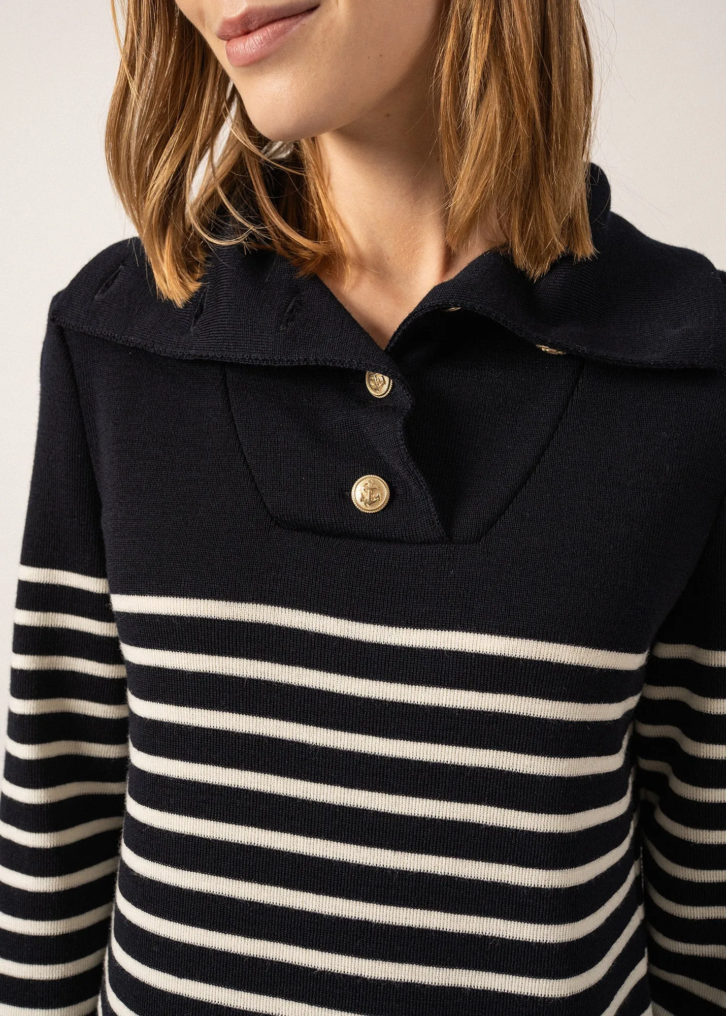 Vague Striped Wool Dress - with buttoned collar (NAVY/ECUME)