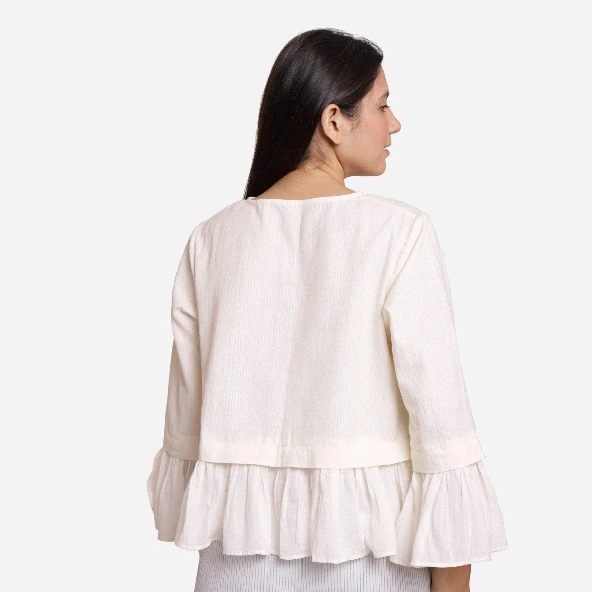 White Frilled Warm Cotton Flannel Ruffled Collar Blouse