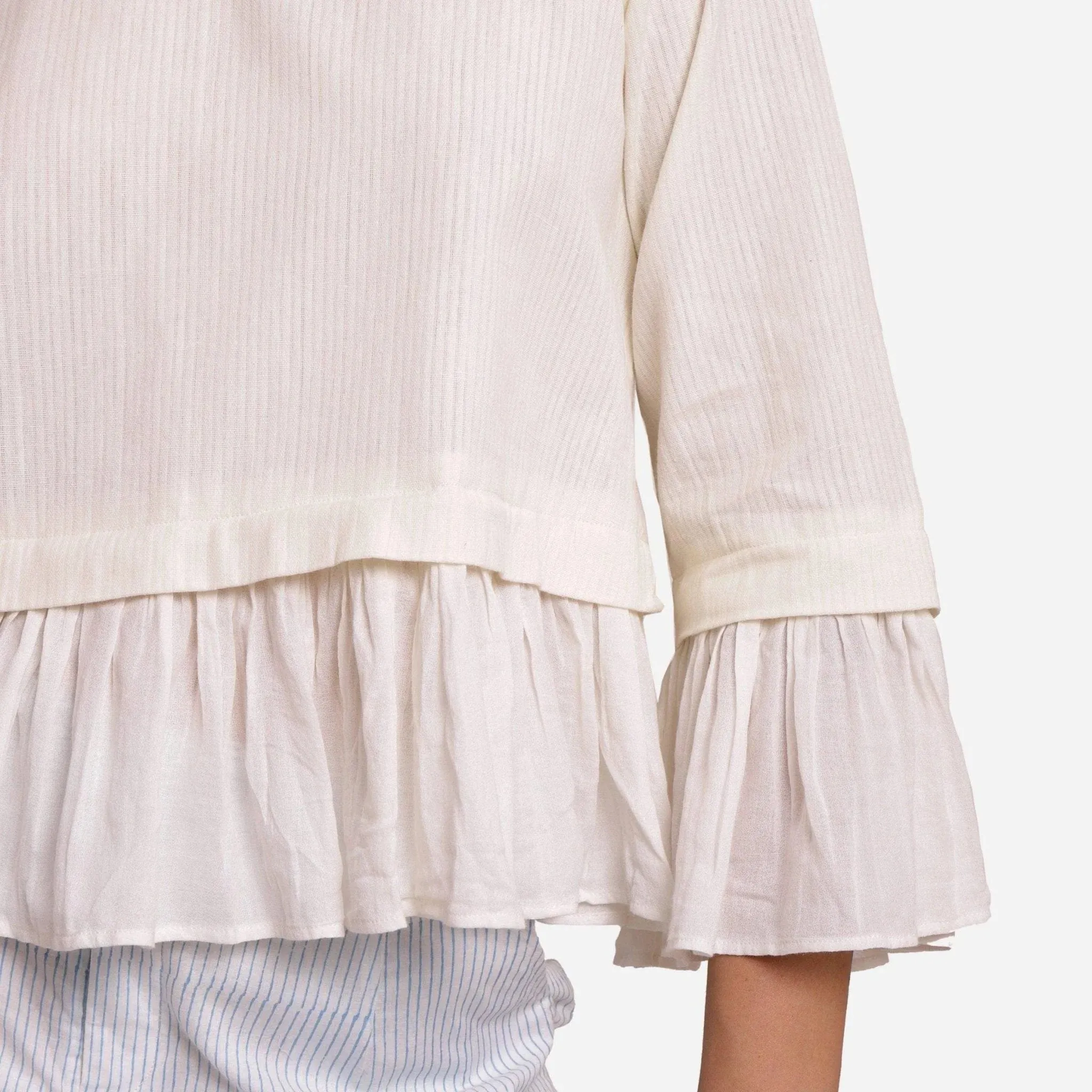 White Frilled Warm Cotton Flannel Ruffled Collar Blouse