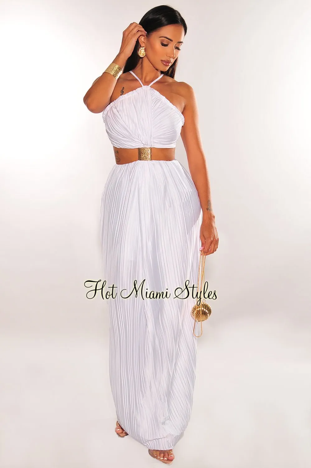 White Pleated Halter Gold Cuff Strappy Cut Out Maxi Dress