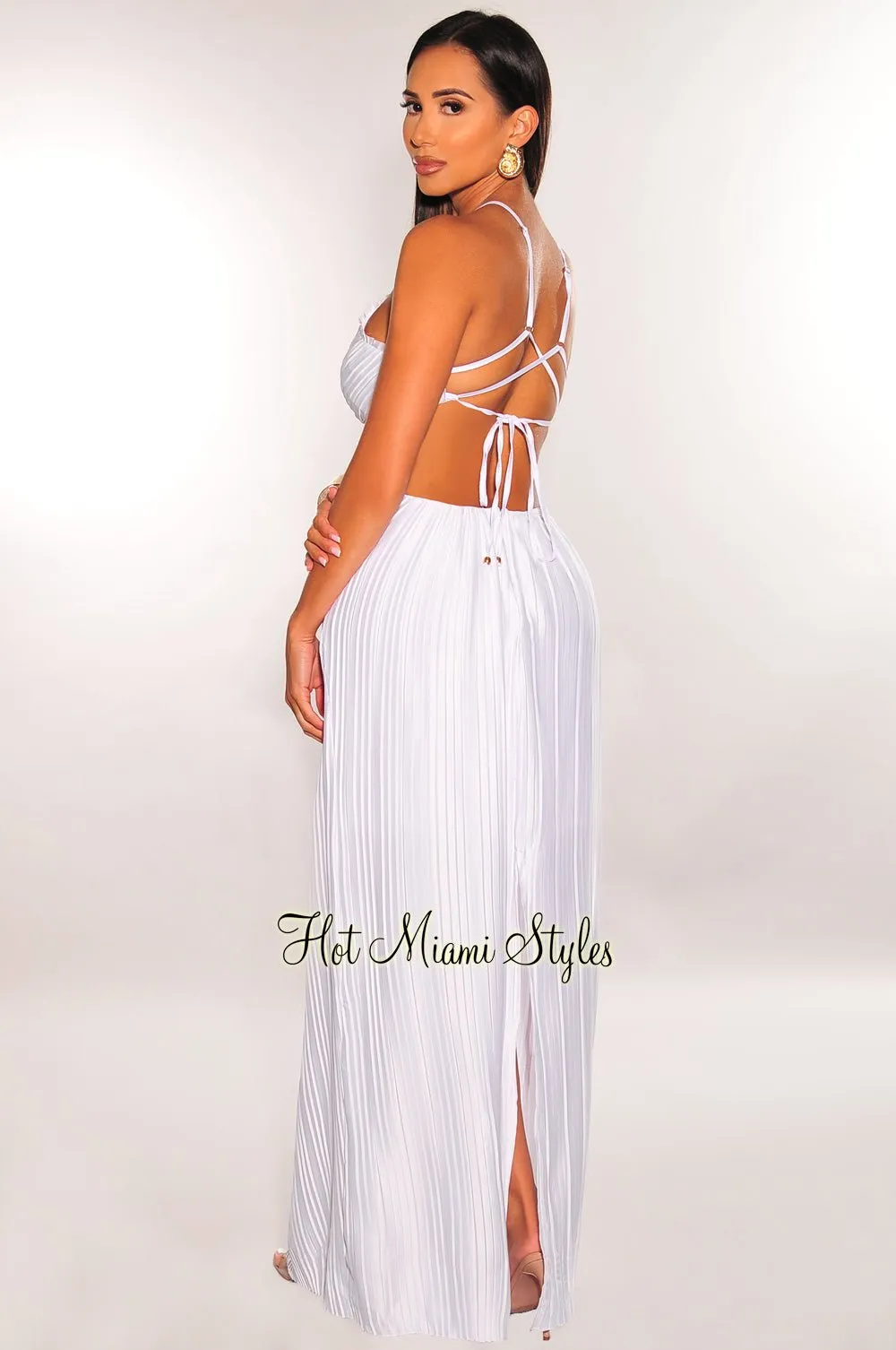 White Pleated Halter Gold Cuff Strappy Cut Out Maxi Dress