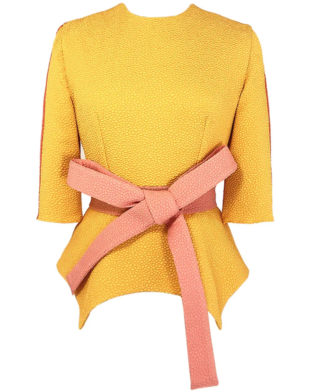 Yellow and Coral Flou Bubble Jacquard Jupiter Peplum Blouse